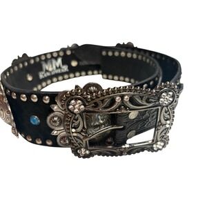 MM Ranchwear Western Belt Women's Silver‎ Conchos Rhinestone Studded Leather Med